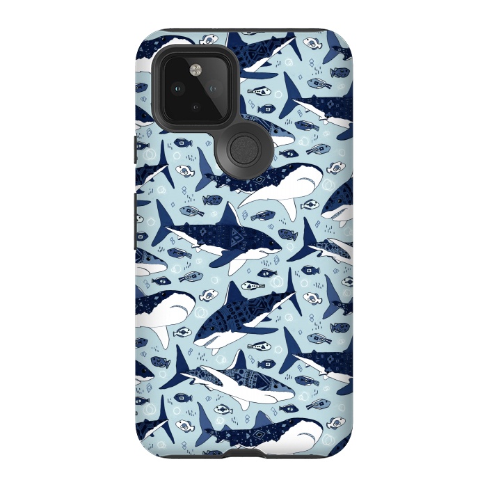 Pixel 5 StrongFit Tribal Sharks & Fish On Baby Blue  by Tigatiga