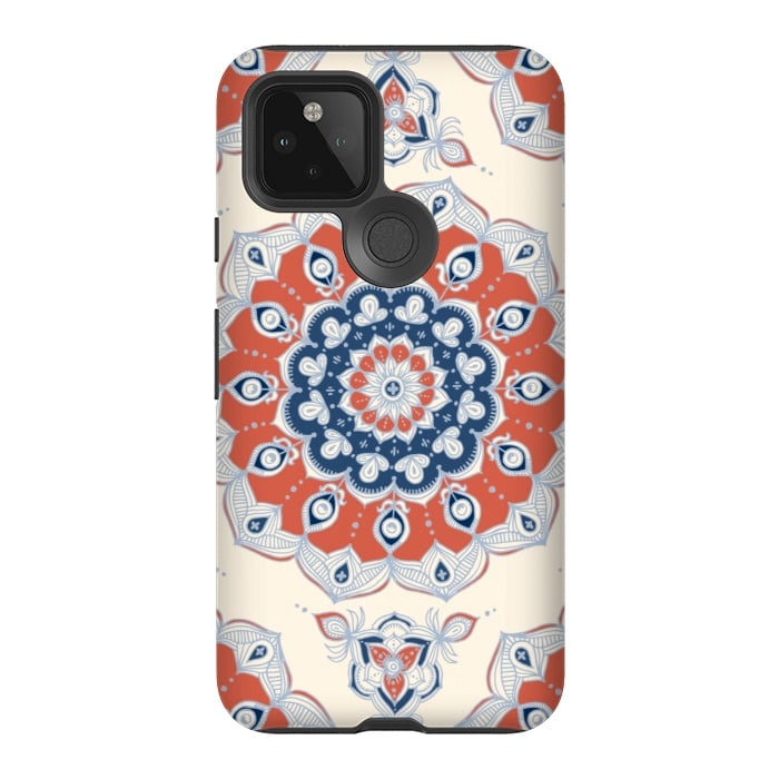 Pixel 5 StrongFit Red, Blue and Cream Floral Mandala by Micklyn Le Feuvre