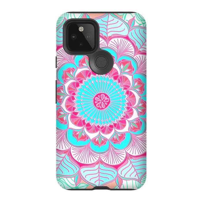 Pixel 5 StrongFit Tropical Doodle Flower in Pink & Aqua by Micklyn Le Feuvre