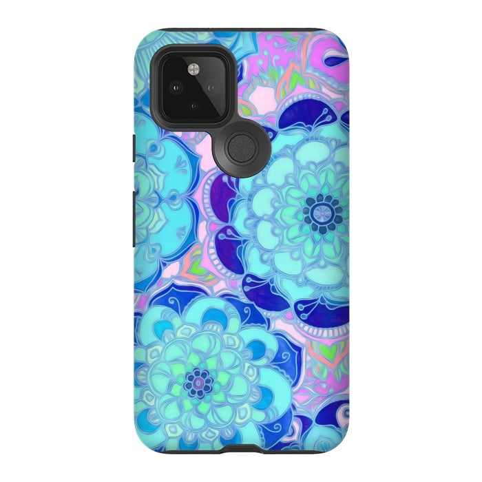 Pixel 5 StrongFit Radiant Cyan & Purple Stained Glass Floral Mandalas by Micklyn Le Feuvre