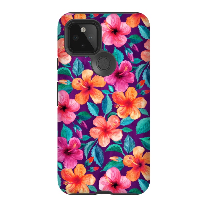 Pixel 5 StrongFit Little Bright Hibiscus Blooms in Watercolor on Purple by Micklyn Le Feuvre