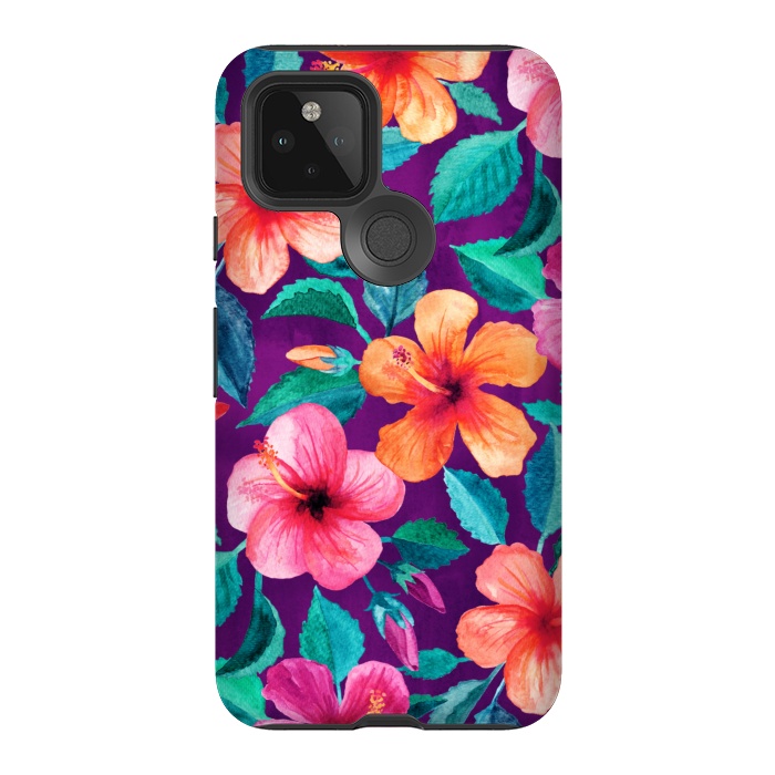 Pixel 5 StrongFit Bright Hibiscus Blooms in Watercolor on Purple by Micklyn Le Feuvre