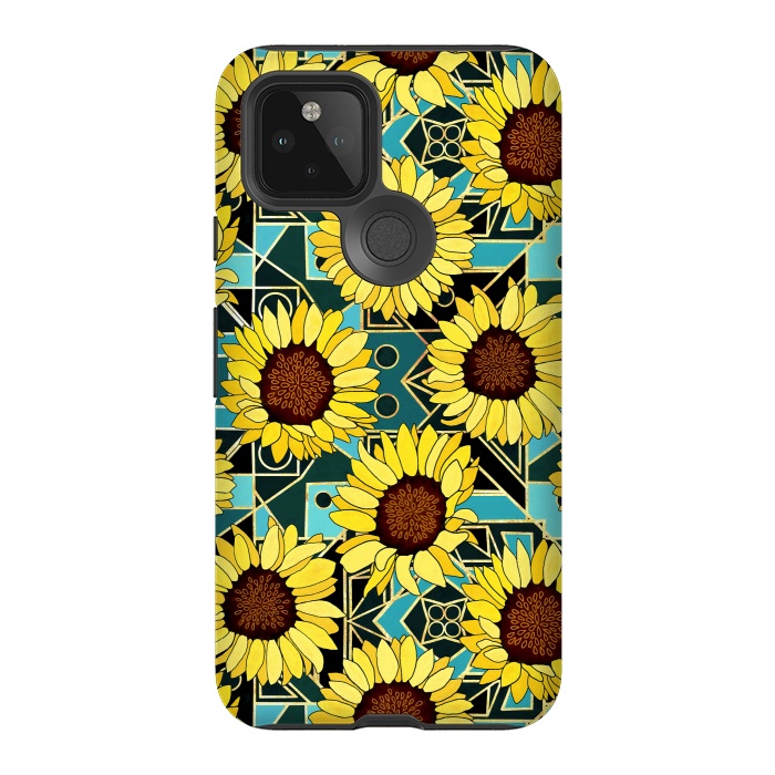 Pixel 5 StrongFit Sunflowers & Geometric Gold & Teal  by Tigatiga