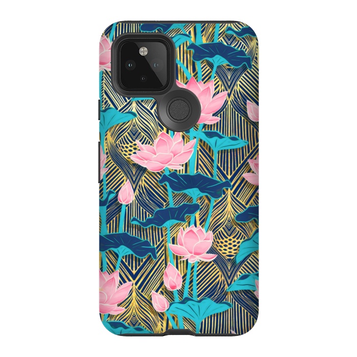 Pixel 5 StrongFit Art Deco Lotus Flowers in Pink & Navy by Micklyn Le Feuvre