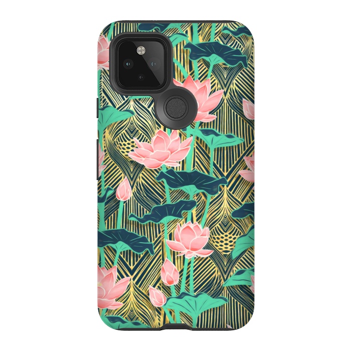 Pixel 5 StrongFit Art Deco Lotus Flowers in Peach & Emerald by Micklyn Le Feuvre