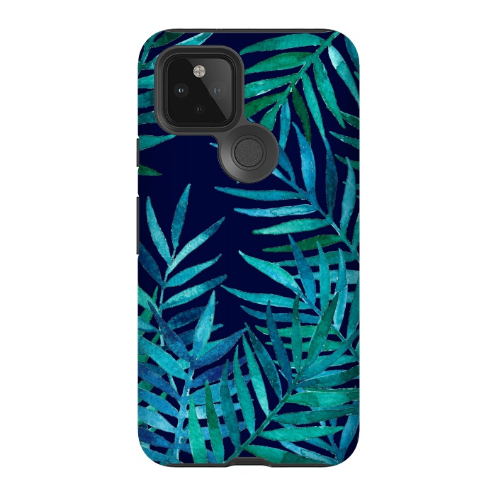 Pixel 5 StrongFit Watercolor Palm Leaves on Navy Blue by Micklyn Le Feuvre