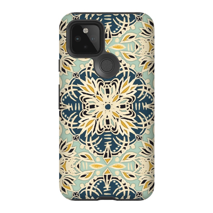 Pixel 5 StrongFit Protea Pattern in Deep Teal, Cream, Sage Green & Yellow Ocher by Micklyn Le Feuvre