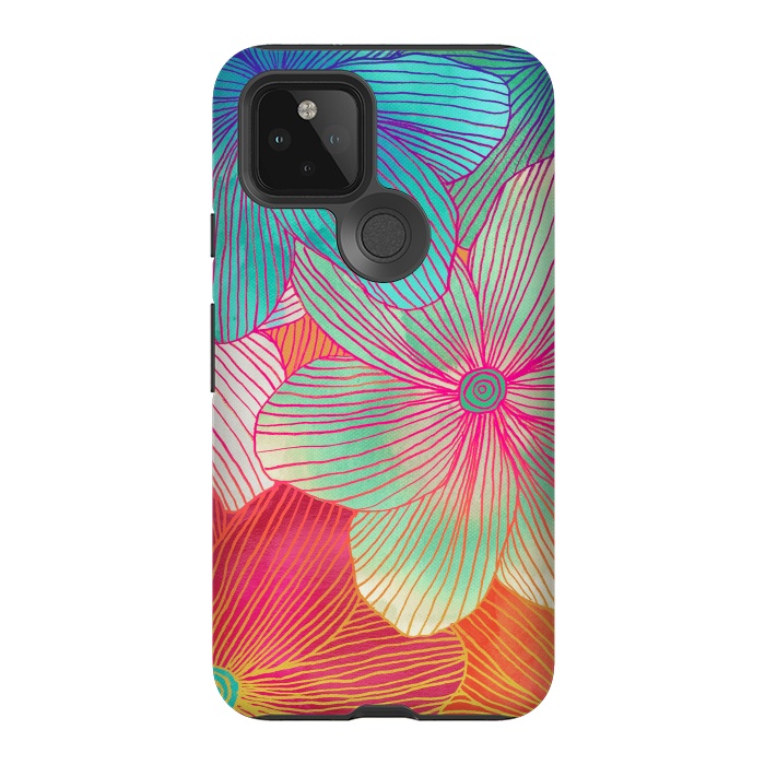 Pixel 5 StrongFit Between the Lines - tropical flowers in pink, orange, blue & mint by Micklyn Le Feuvre