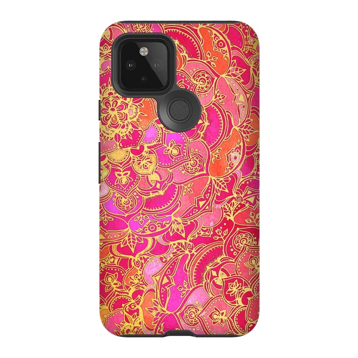 Pixel 5 StrongFit Hot Pink and Gold Baroque Floral Pattern by Micklyn Le Feuvre