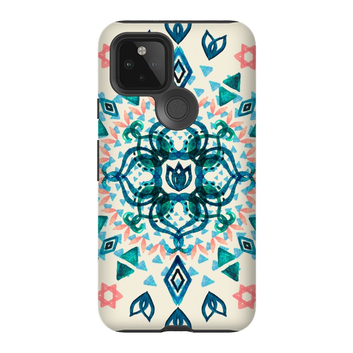 Pixel 5 StrongFit Watercolor Lotus Mandala in Teal & Salmon Pink by Micklyn Le Feuvre