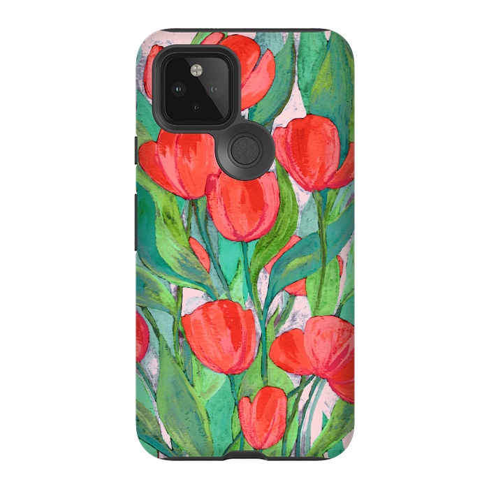 Pixel 5 StrongFit Blooming Red Tulips in Gouache  by Micklyn Le Feuvre