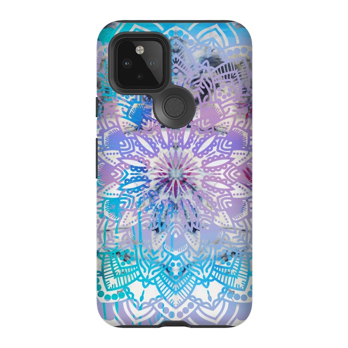 Pixel 5 StrongFit Blue lavender mandala drawing on white marble by Oana 