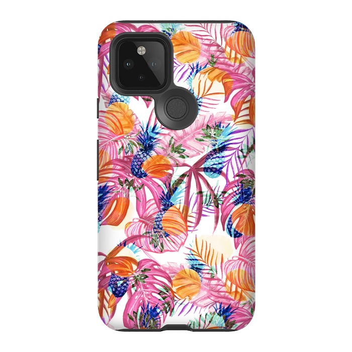 Pixel 5 StrongFit Pink tropical leaves and blue pineapples by Oana 