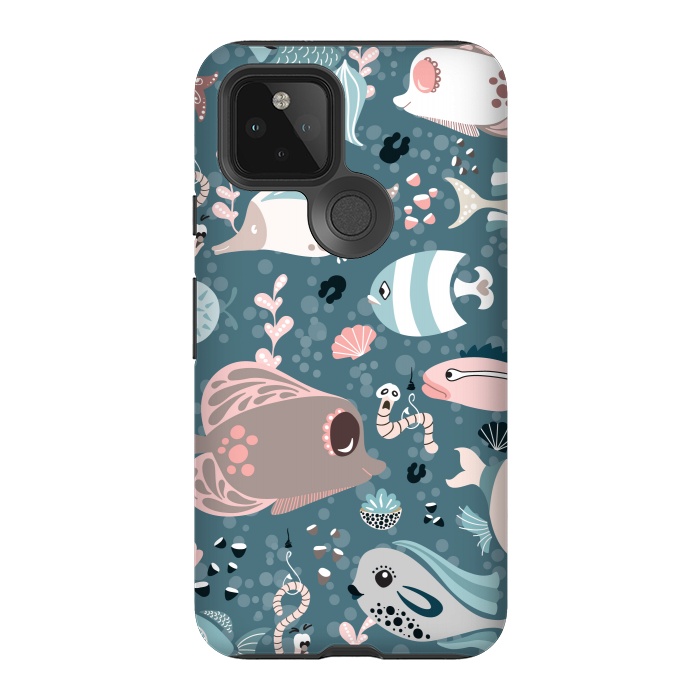 Pixel 5 StrongFit Funny Fish in Blue and White by Paula Ohreen