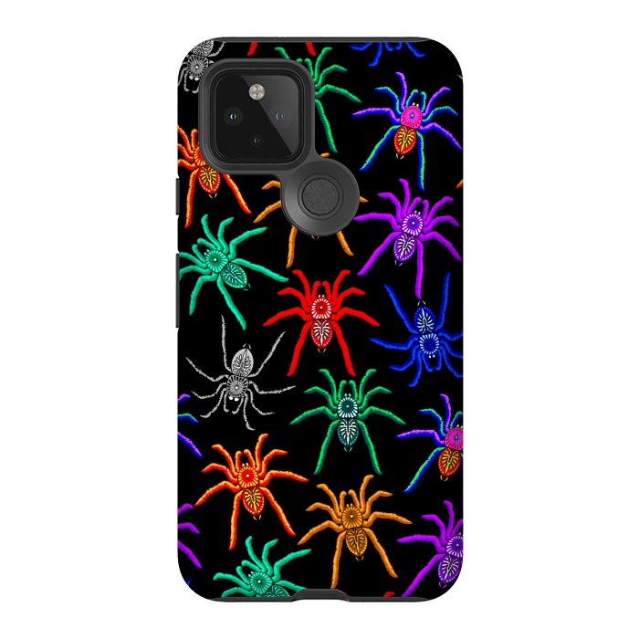 Pixel 5 StrongFit Spiders Pattern Colorful Tarantulas on Black by BluedarkArt