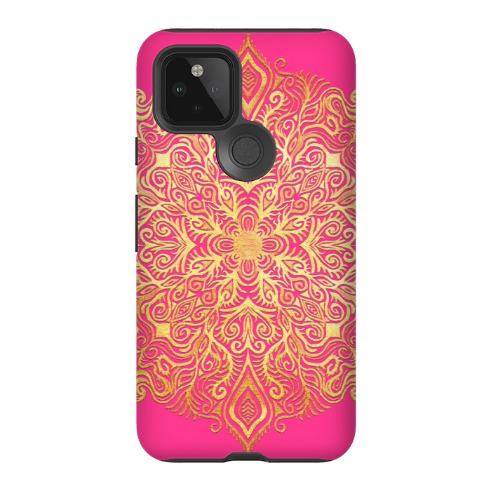 Pixel 5 StrongFit Ornate Gold Mandala on Hot Pink by Micklyn Le Feuvre