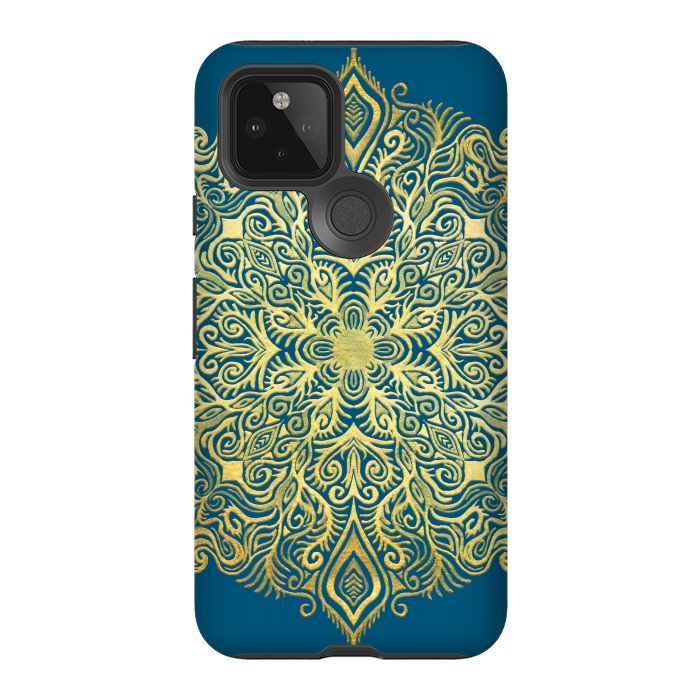 Pixel 5 StrongFit Ornate Gold Mandala on Deep Blue by Micklyn Le Feuvre