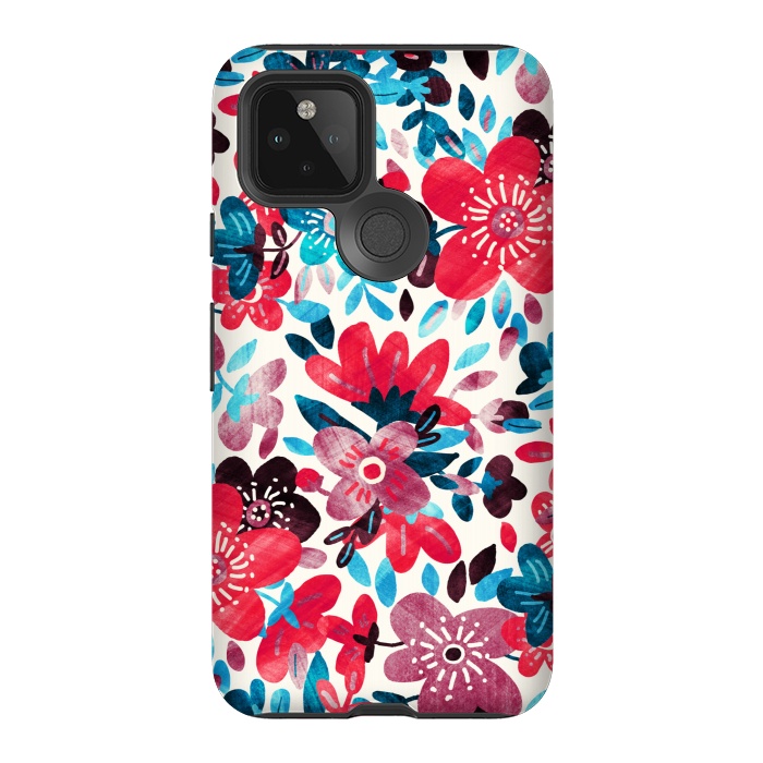 Pixel 5 StrongFit Happy Red & Blue Floral Collage  by Micklyn Le Feuvre