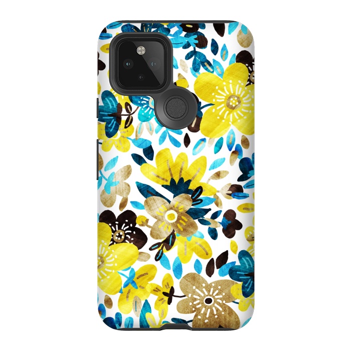 Pixel 5 StrongFit Happy Yellow & Turquoise Floral Collage by Micklyn Le Feuvre