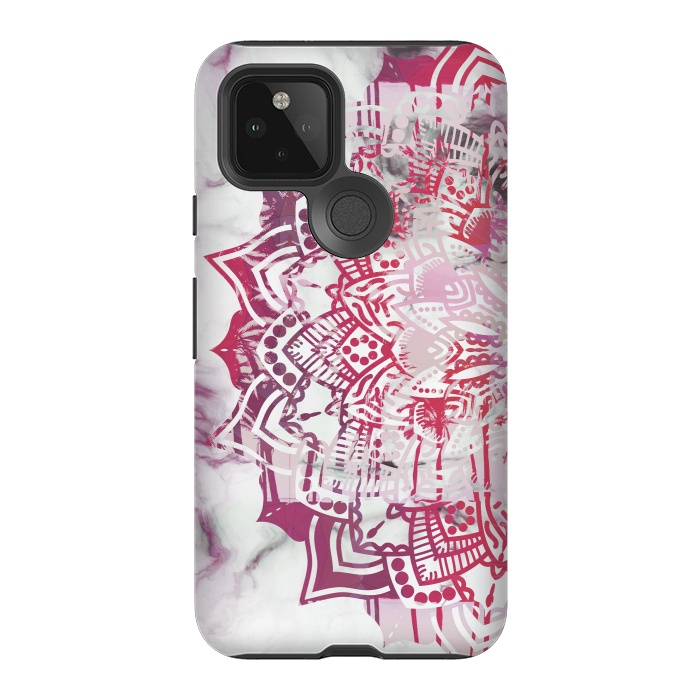 Pixel 5 StrongFit Red pink mandala digital painting on white marble by Oana 
