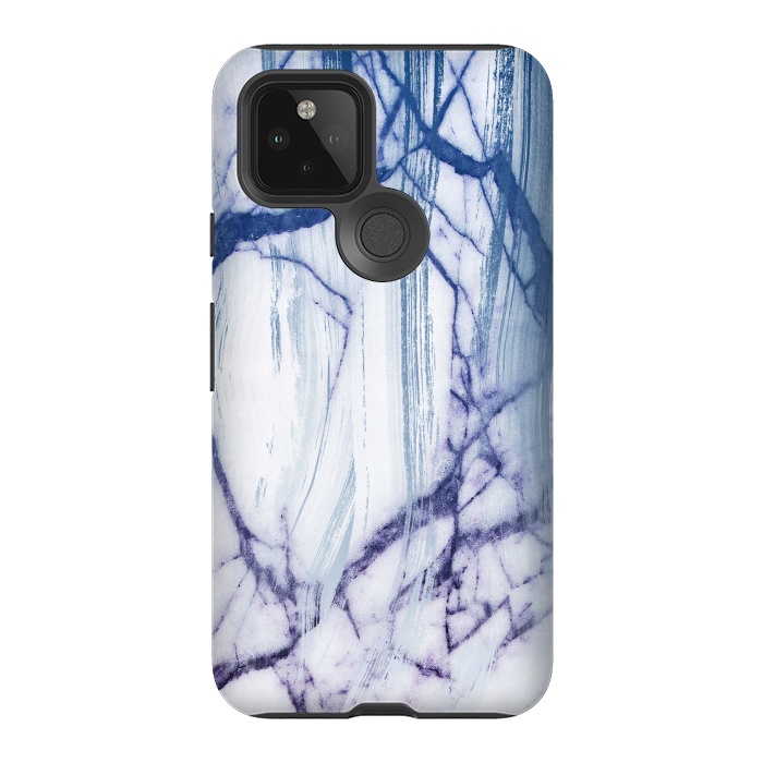 Pixel 5 StrongFit White marble with blue cracks brushstrokes by Oana 