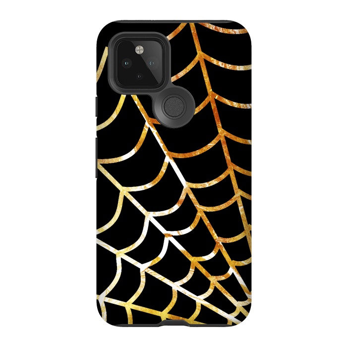 Pixel 5 StrongFit Golden spider web on black - line art Halloween illustration by Oana 