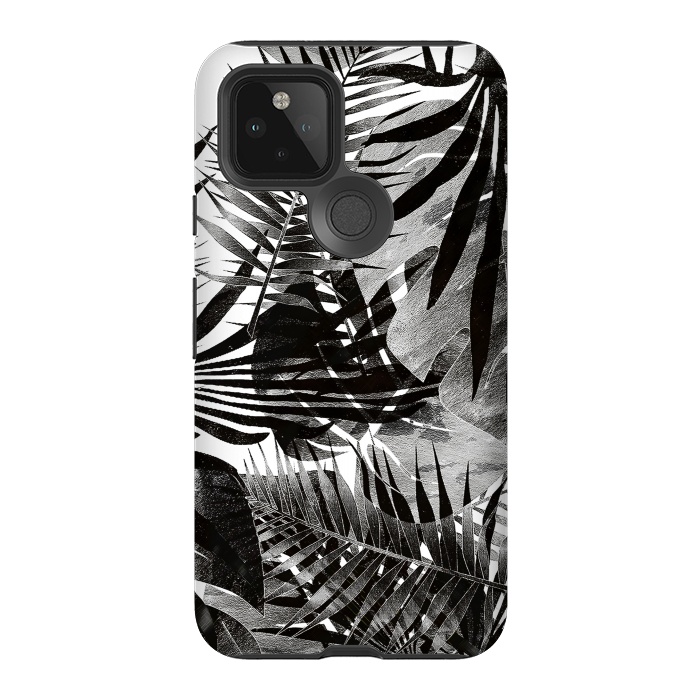 Pixel 5 StrongFit Black ink tropical palm and ficus leaves monochrome jungle by Oana 