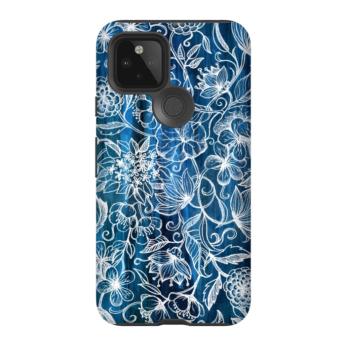 Pixel 5 StrongFit In Her Garden - white floral drawing on blue by Micklyn Le Feuvre