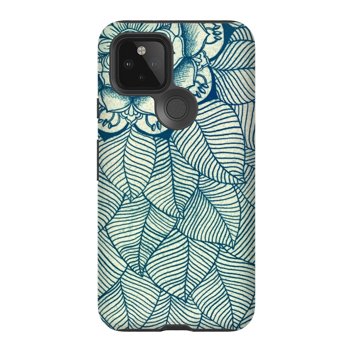 Pixel 5 StrongFit Emerald Green, Navy & Cream Floral & Leaf doodle by Micklyn Le Feuvre