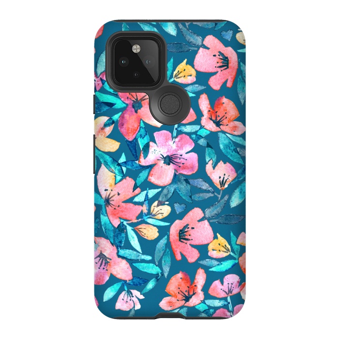 Pixel 5 StrongFit Fresh Watercolor Floral on Teal Blue by Micklyn Le Feuvre