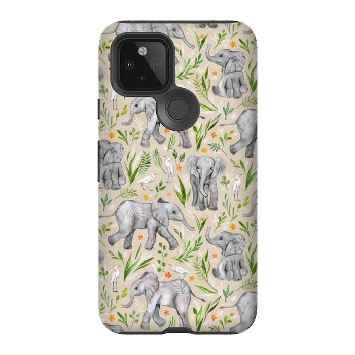 Pixel 5 StrongFit Little Watercolor Elephants and Egrets on Neutral Cream by Micklyn Le Feuvre