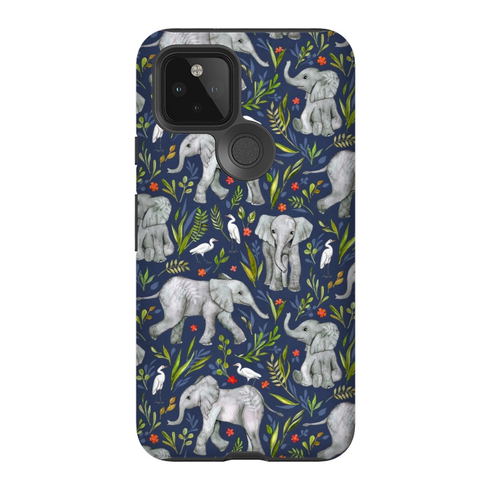 Pixel 5 StrongFit Little Watercolor Elephants and Egrets on Navy Blue by Micklyn Le Feuvre