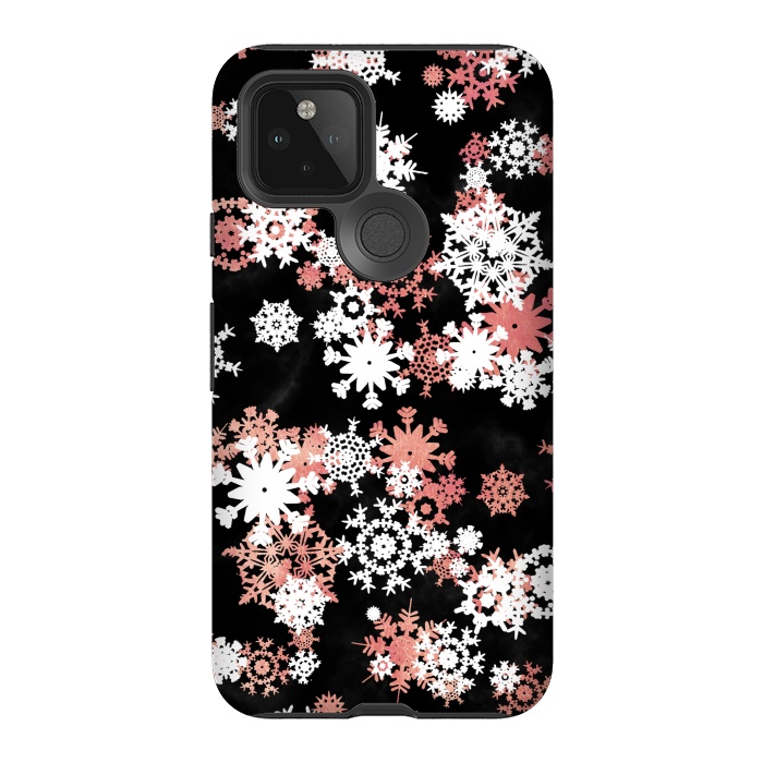 Pixel 5 StrongFit Rose gold and white snowflakes on black background by Oana 