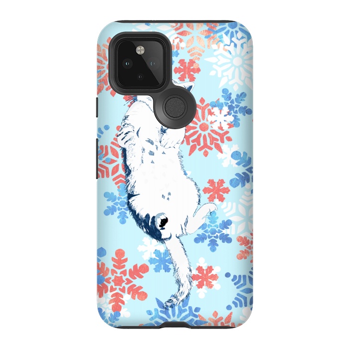 Pixel 5 StrongFit White cat and blue white gold snowflakes by Oana 