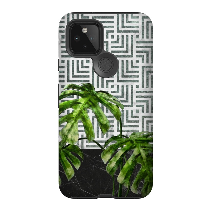 Pixel 5 StrongFit  Monstera Leaves on Black Marble and Tiles by amini54