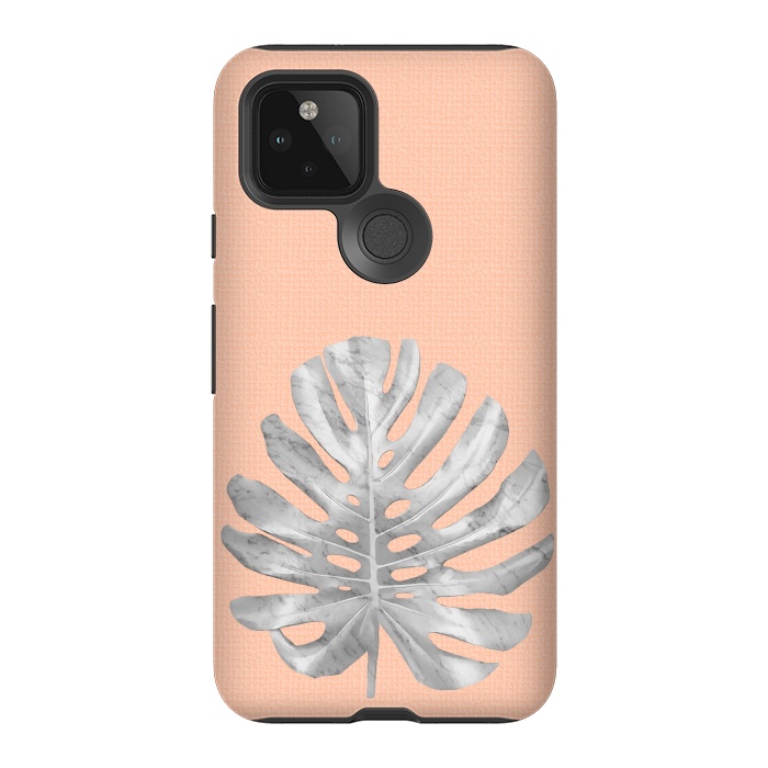 Pixel 5 StrongFit White Marble Monstera on Peach Wall by amini54
