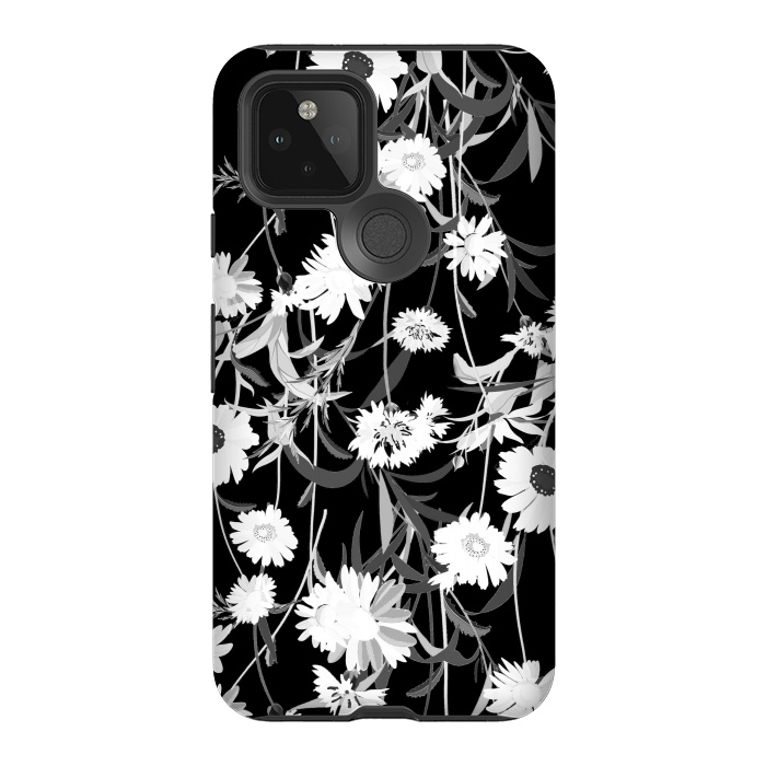 Pixel 5 StrongFit White daisies botanical illustration on black background by Oana 