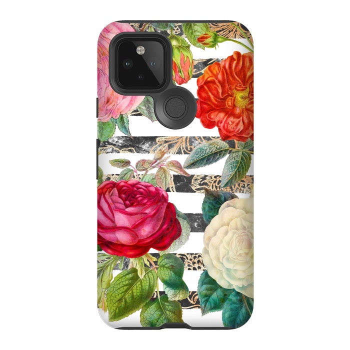 Pixel 5 StrongFit Vibrant romantic botanical flowers and white stripes by Oana 