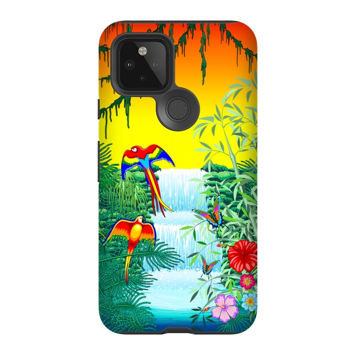 Pixel 5 StrongFit Waterfall Macaws and Butterflies on Exotic Landscape by BluedarkArt