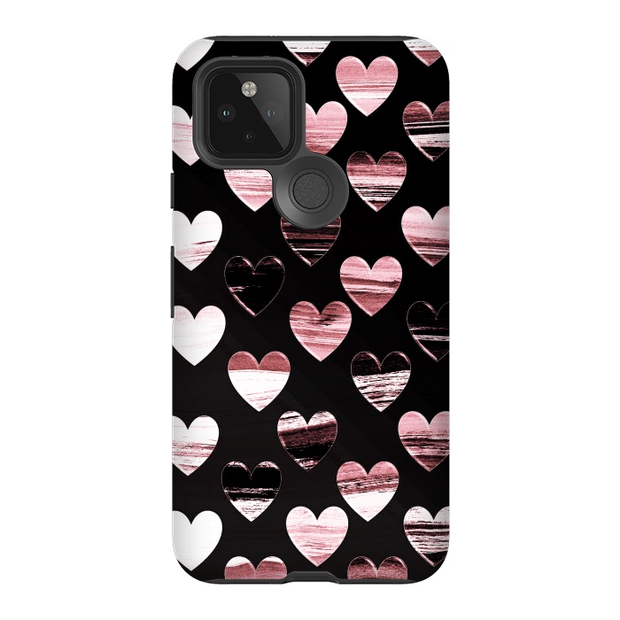 Pixel 5 StrongFit Pink white brushed chocolate hearts on black backgroung by Oana 