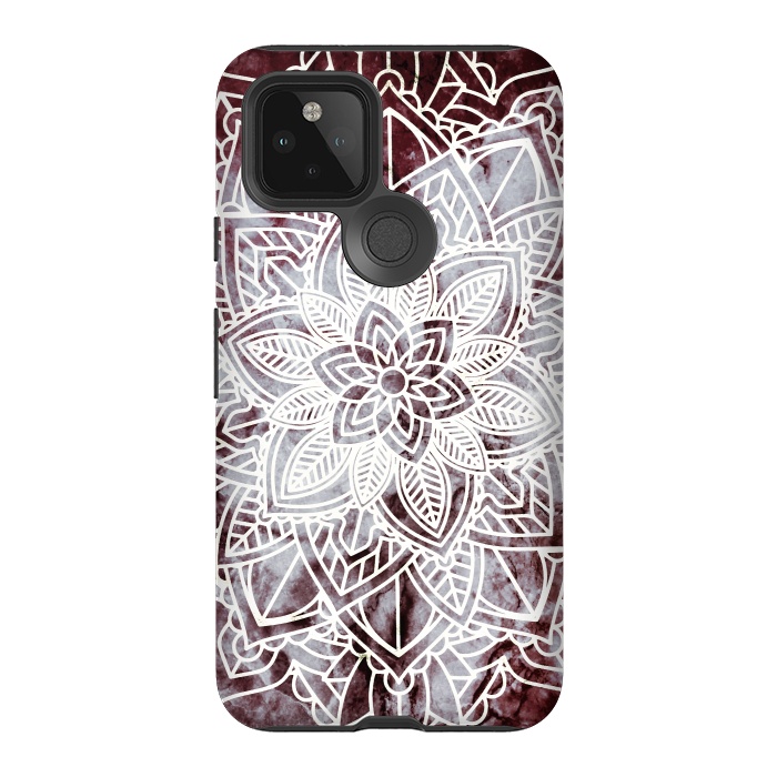 Pixel 5 StrongFit white line art floral mandala on burgundy marble by Oana 