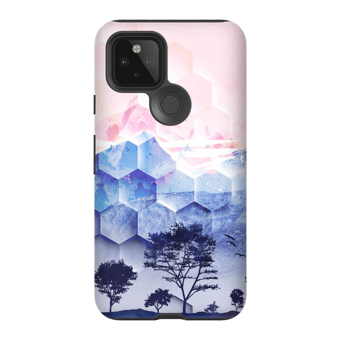 Pixel 5 StrongFit Pink blue geometric mountain utopic landscape and trees by Oana 