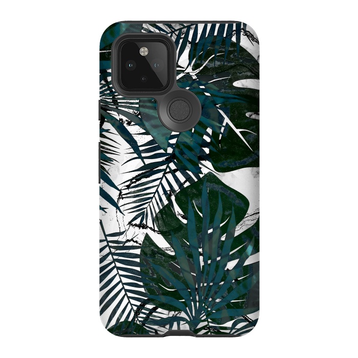 Pixel 5 StrongFit Dark green jungle leaves on white marble by Oana 