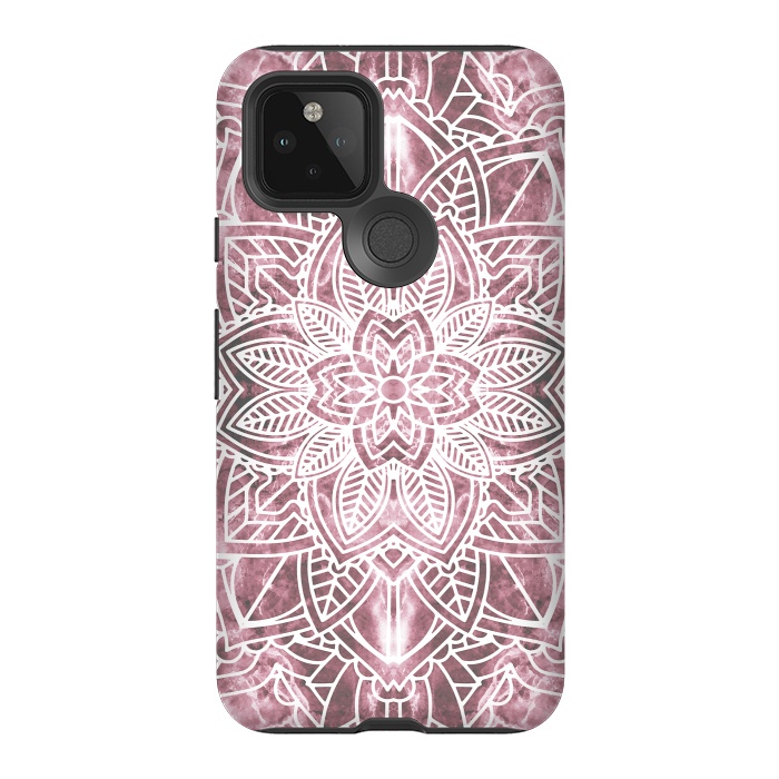 Pixel 5 StrongFit White floral mandala petals on pink marble by Oana 