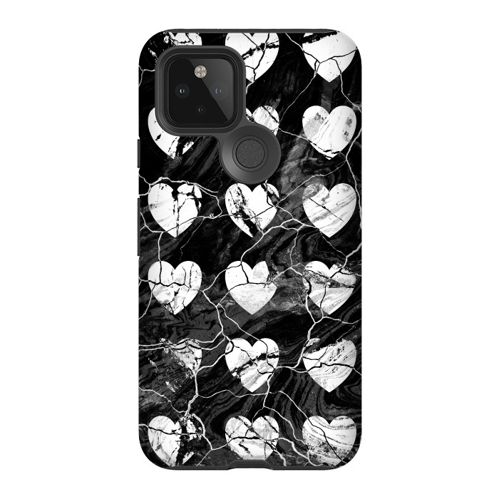 Pixel 5 StrongFit Black and white marble hearts pattern by Oana 