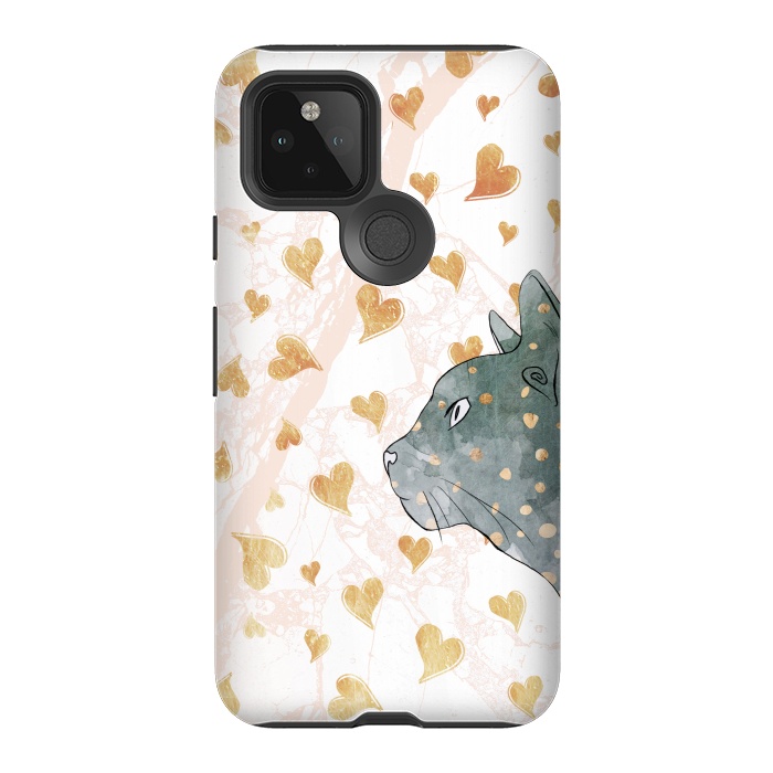 Pixel 5 StrongFit cute cat and golden hearts romantic pattern by Oana 
