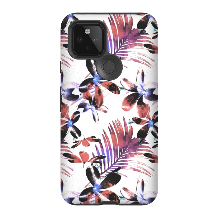 Pixel 5 StrongFit Pink purple tropical hibiscus and palm leaves by Oana 