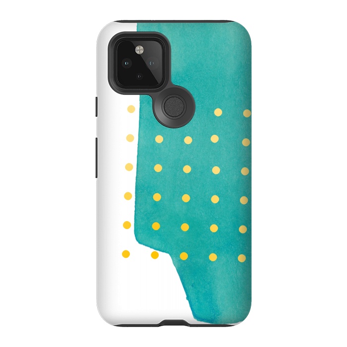 Pixel 5 StrongFit Abstract Teal Watercolor Brushstroke with Yellow Polka Dots by amini54