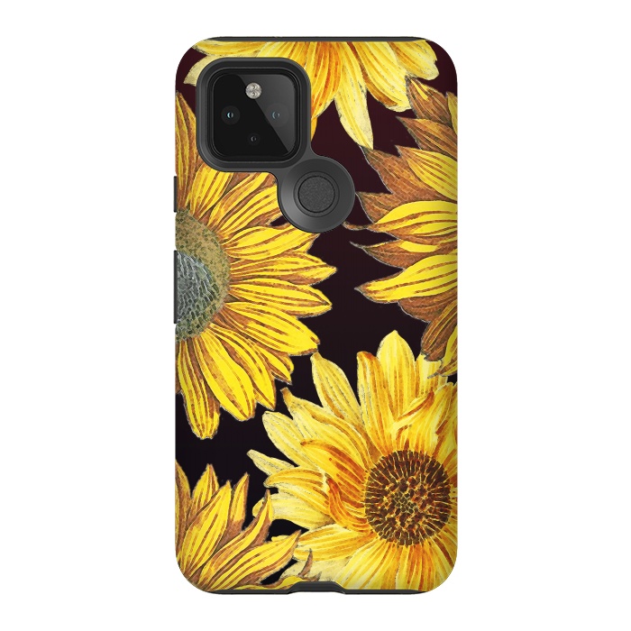 Pixel 5 StrongFit Sunflowers illustration on dark brown background by Oana 