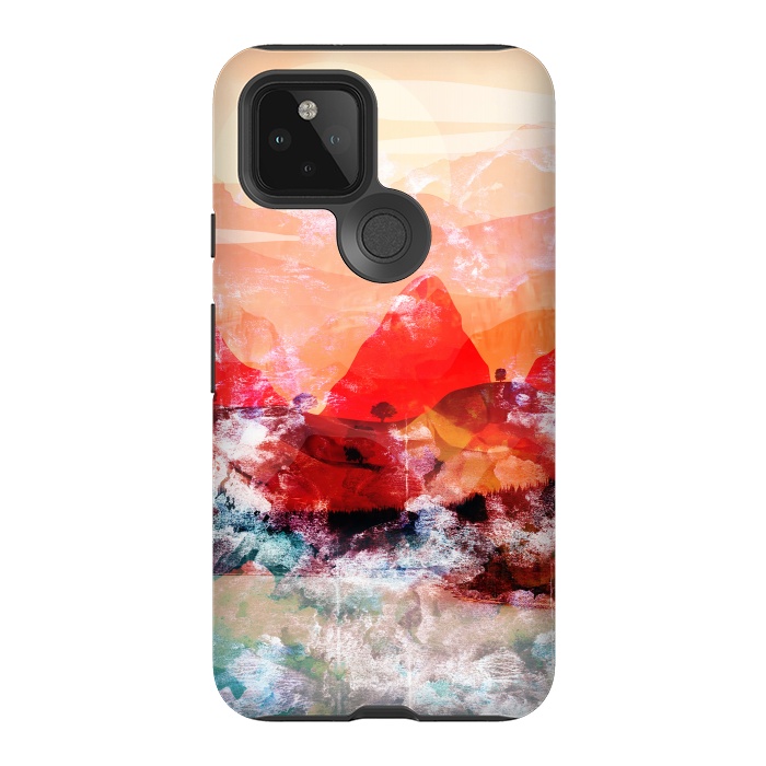 Pixel 5 StrongFit Red peach abstract brushed mountain landscape by Oana 